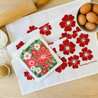 Red Flowers Tea Towel + Poinsettia Swedish Dishcloth Bundle by sweetgum home, LLC - main product image for Resin Society