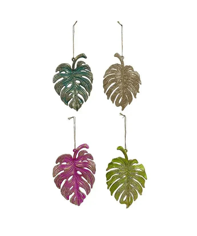 Glittered palm leaf Christmas ornament in coastal colors
