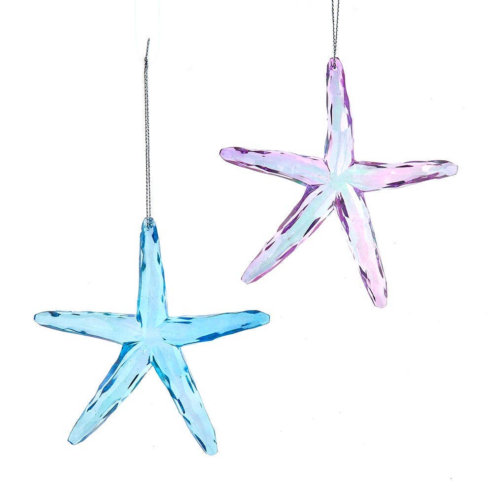 Coastal iridescent starfish acrylic Christmas ornament in blue and purple