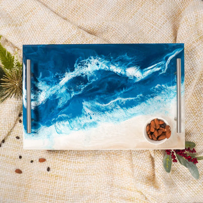 Decorative Acrylic Resin Serving Tray with blue wave design on a textured surface