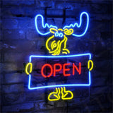 Christmas Elk Deer neon sign glowing in warm white on metal grid backing