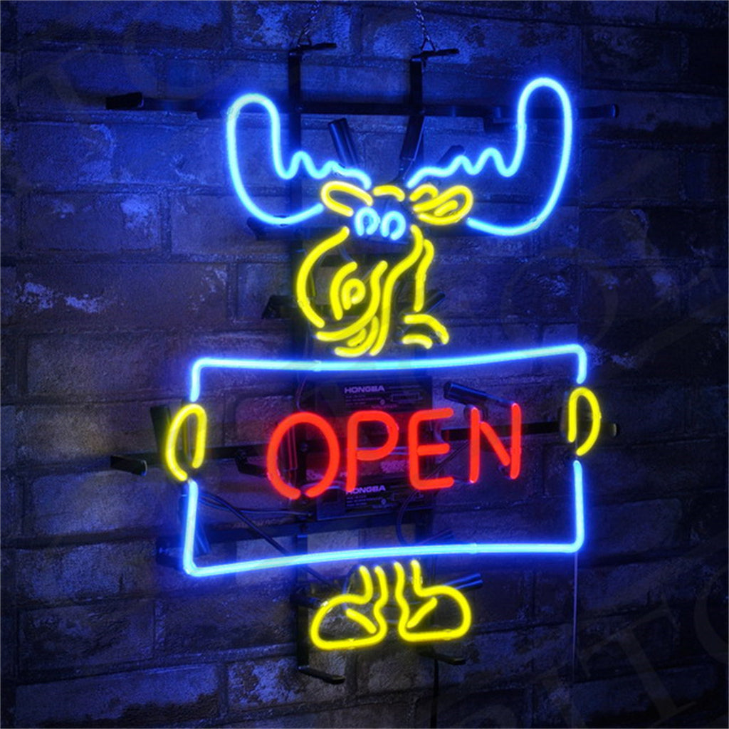 Christmas Elk Deer neon sign glowing in warm white on metal grid backing