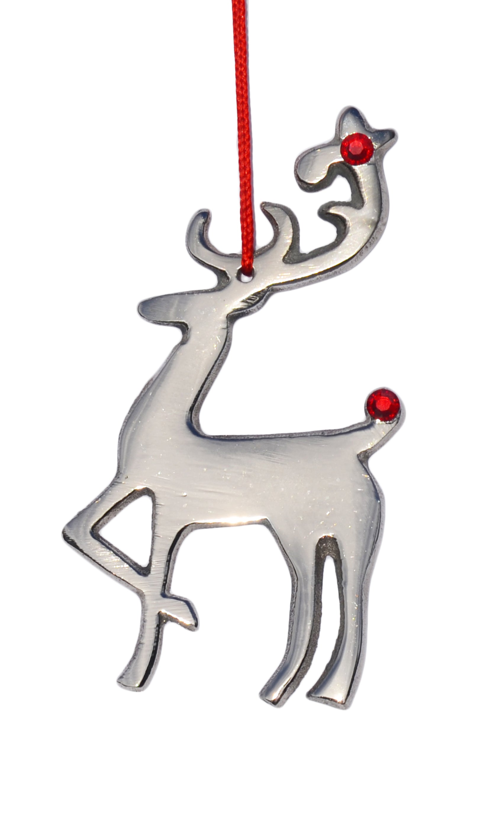Silver metal reindeer Christmas ornament decorated with red ruby crystals and red hanging ribbon