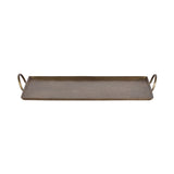 Rectangular hammered metal tray with raised edges and two curved side handles in a warm bronze finish.