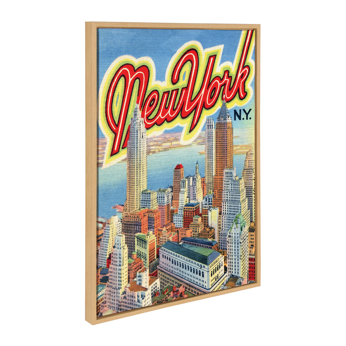 Framed canvas of vintage New York City travel postcard by Corinna Buchholz, featuring retro style and a polystyrene frame in natural color
