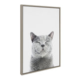 Framed canvas portrait of a gray cat with closed eyes and a content expression on a white background, angled to show the frame edge.
