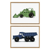 Two framed illustrations of vintage toy vehicles: a green front loader with detailed wheels above a blue six-wheeled dump truck, both on white backgrounds.