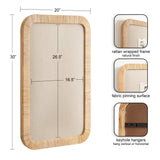 Rectangular pinboard with a natural rattan wrapped frame and beige fabric pinning surface, measuring 30 by 20 inches, shown with dimensions and keyhole hanger detail.