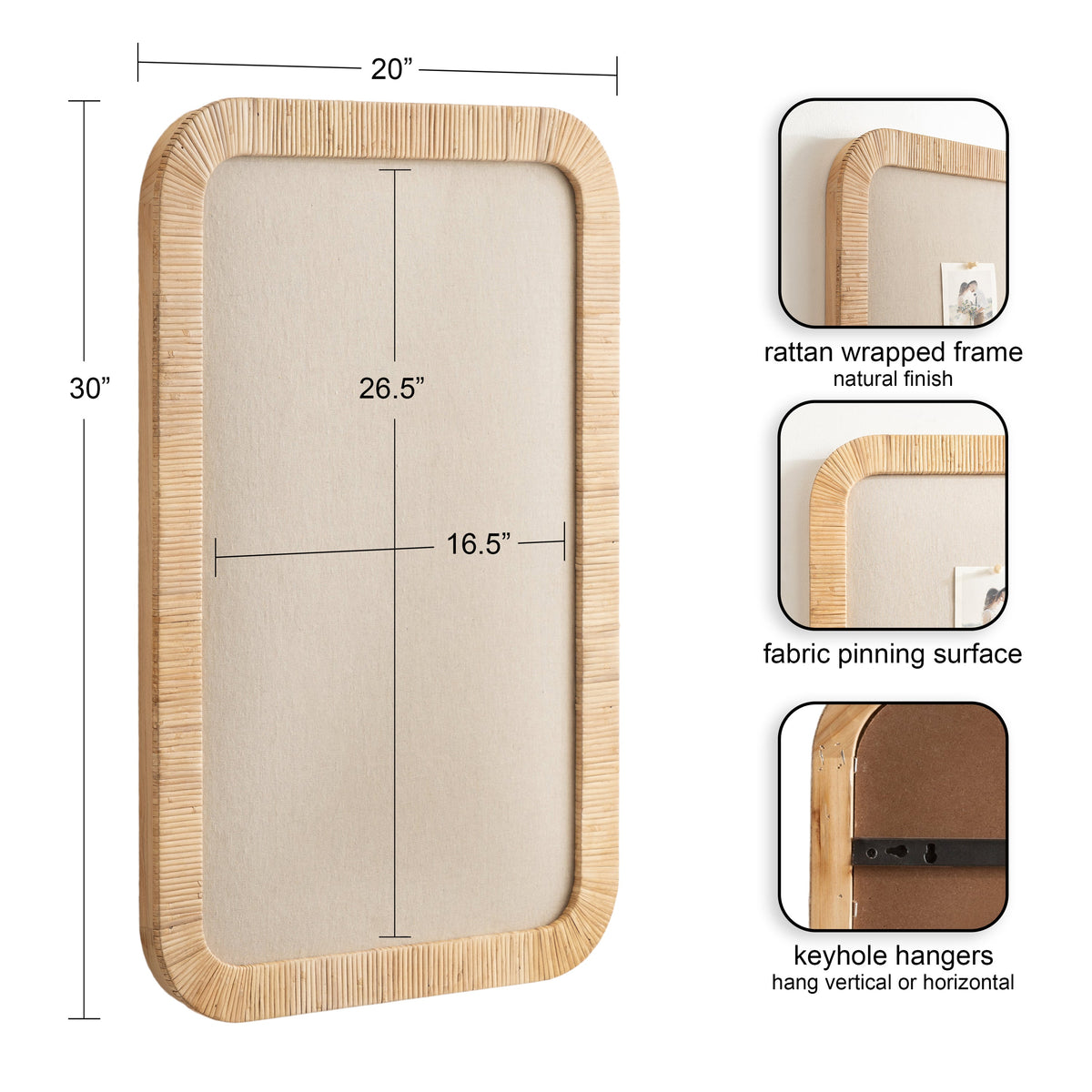 Rectangular pinboard with a natural rattan wrapped frame and beige fabric pinning surface, measuring 30 by 20 inches, shown with dimensions and keyhole hanger detail.