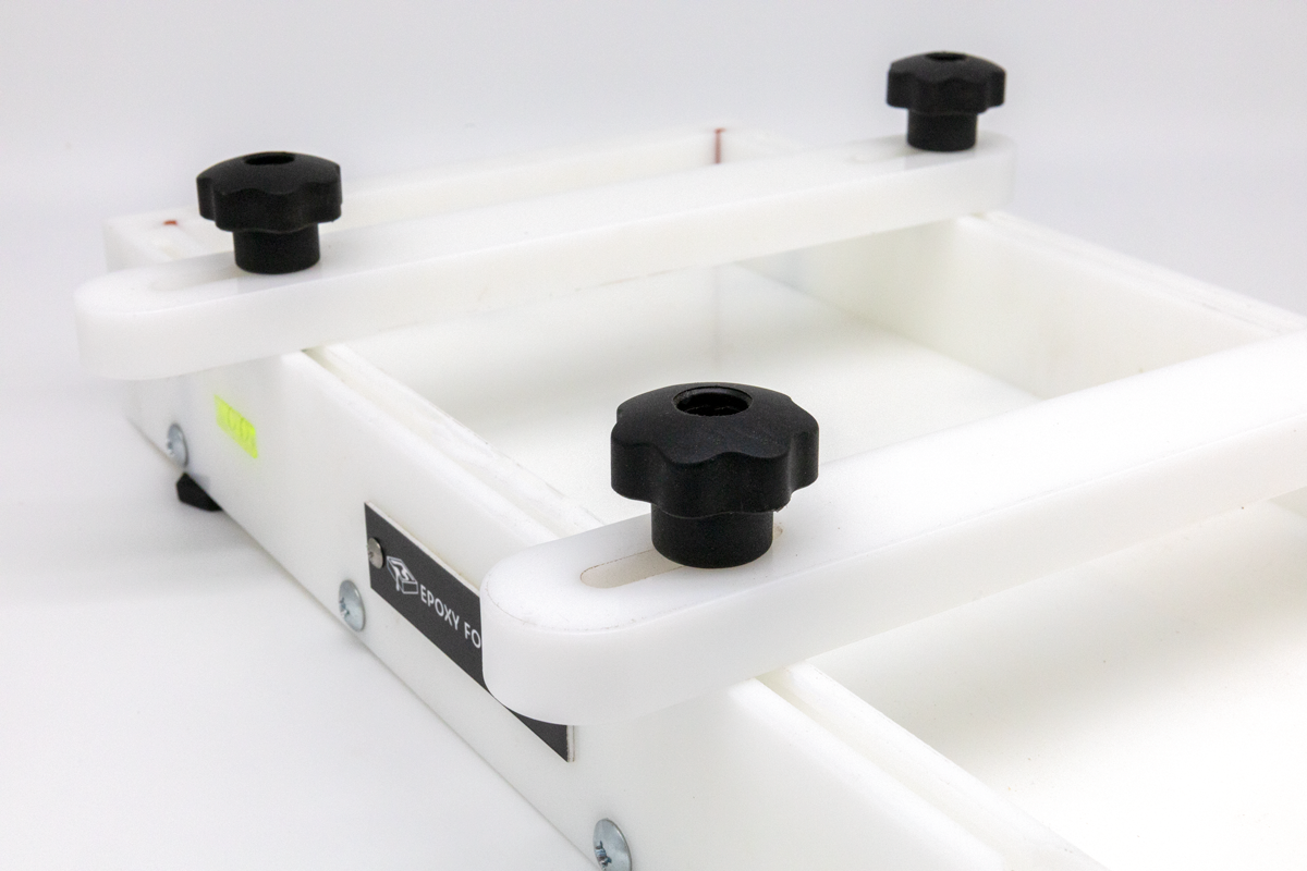 Large epoxy resin form by Ahonui Artisans with clamps and leveling system