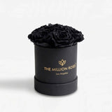 Essence Black Box containing seven black roses arranged in a square black box