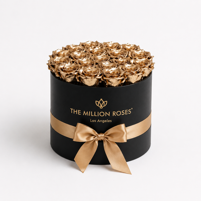 Classic Black Box from The Million Roses featuring 14-15 24K gold roses arranged in a black box