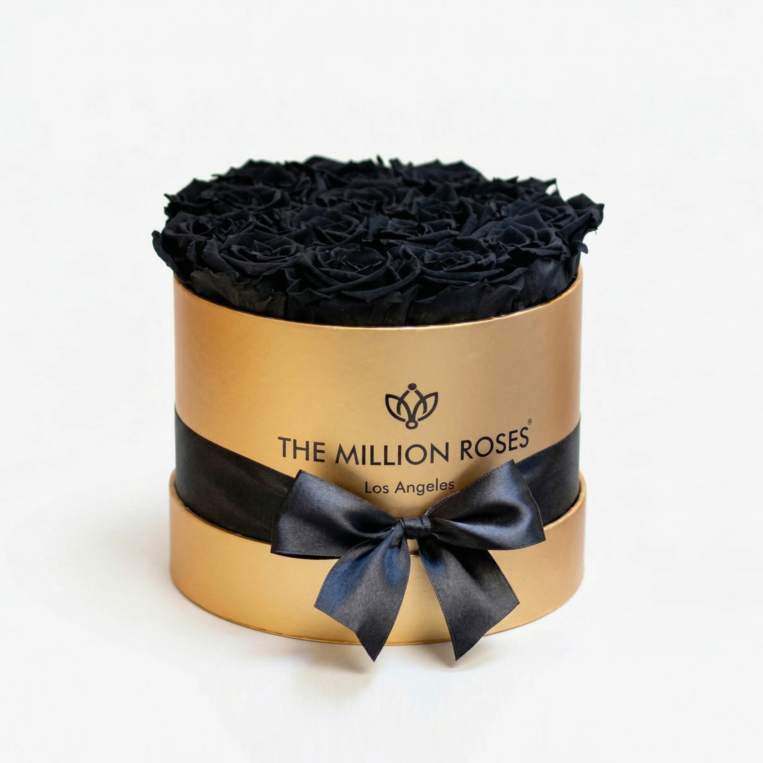 Classic Gold Box with Black Roses showing 14-15 black roses in a gold rectangular box