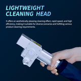 A hand holding a small, silver handheld fiber laser cleaner with a compact, rectangular cleaning head against a dark blue background with light blue text describing its lightweight and efficient cleaning features.