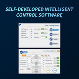 User interface screenshots of self-developed intelligent control software for a laser cleaning system, showing settings for laser power, language options, and alarm levels on a dark blue background.