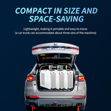 Rear view of a silver car with an open trunk containing three white rectangular laser cleaner machines, highlighting compact size and portability against a dark blue background.