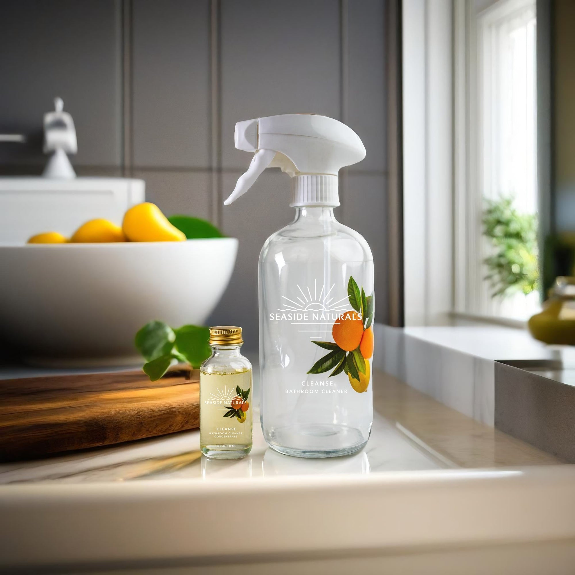 Cleanse Bathroom Cleaner Kit with glass bottles and plant-based cleaning concentrate by Seaside Naturals Inc.