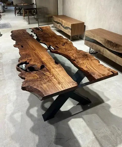 Live edge chestnut wood dining table with epoxy resin river and black legs