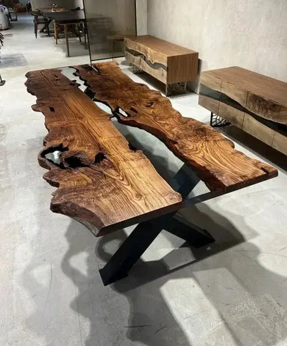 Live edge chestnut wood dining table with epoxy resin river and black legs