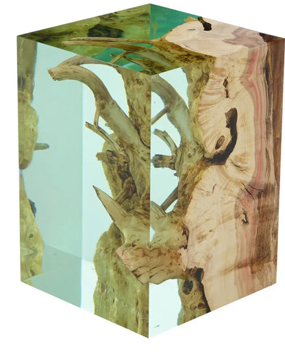Handcrafted Resin Cube Side Table with epoxy wood finish in modern living room