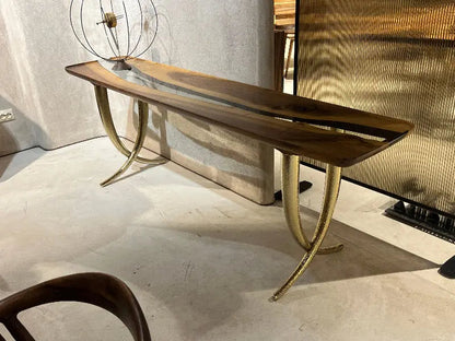Ivory Collection epoxy resin sofa and console table made of walnut wood with golden aluminum legs