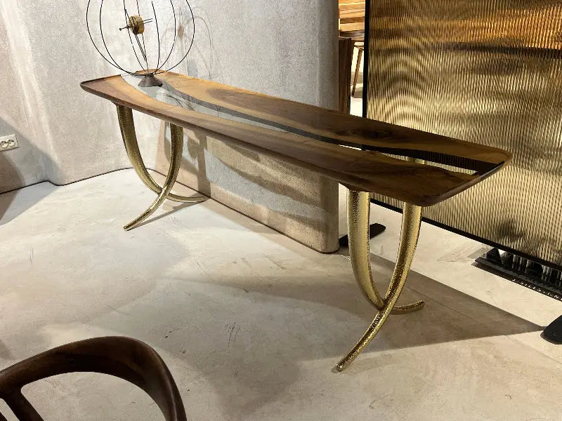 Ivory Collection epoxy resin sofa and console table made of walnut wood with golden aluminum legs