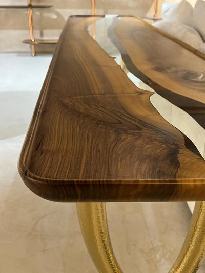 Ivory Collection epoxy resin sofa and console table made of walnut wood with golden aluminum legs
