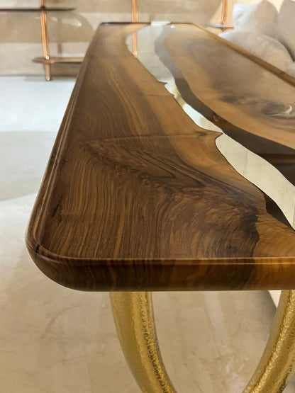 Ivory Collection epoxy resin sofa and console table made of walnut wood with golden aluminum legs