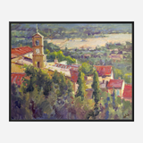 Impressionist-style painting of a red-roofed village with a prominent clock tower surrounded by green trees and hills in soft, blended brushstrokes.