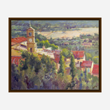 Impressionist-style painting of a clock tower with red-roofed buildings and lush green trees in a hilly landscape under a soft, cloudy sky.