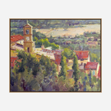 Impressionist-style painting depicting a clock tower among red-roofed buildings surrounded by green trees with a sunlit landscape in the background.