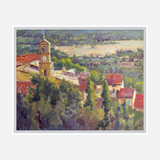 Impressionist-style painting of a sunlit clock tower with red-roofed buildings and lush green trees in a European village landscape.