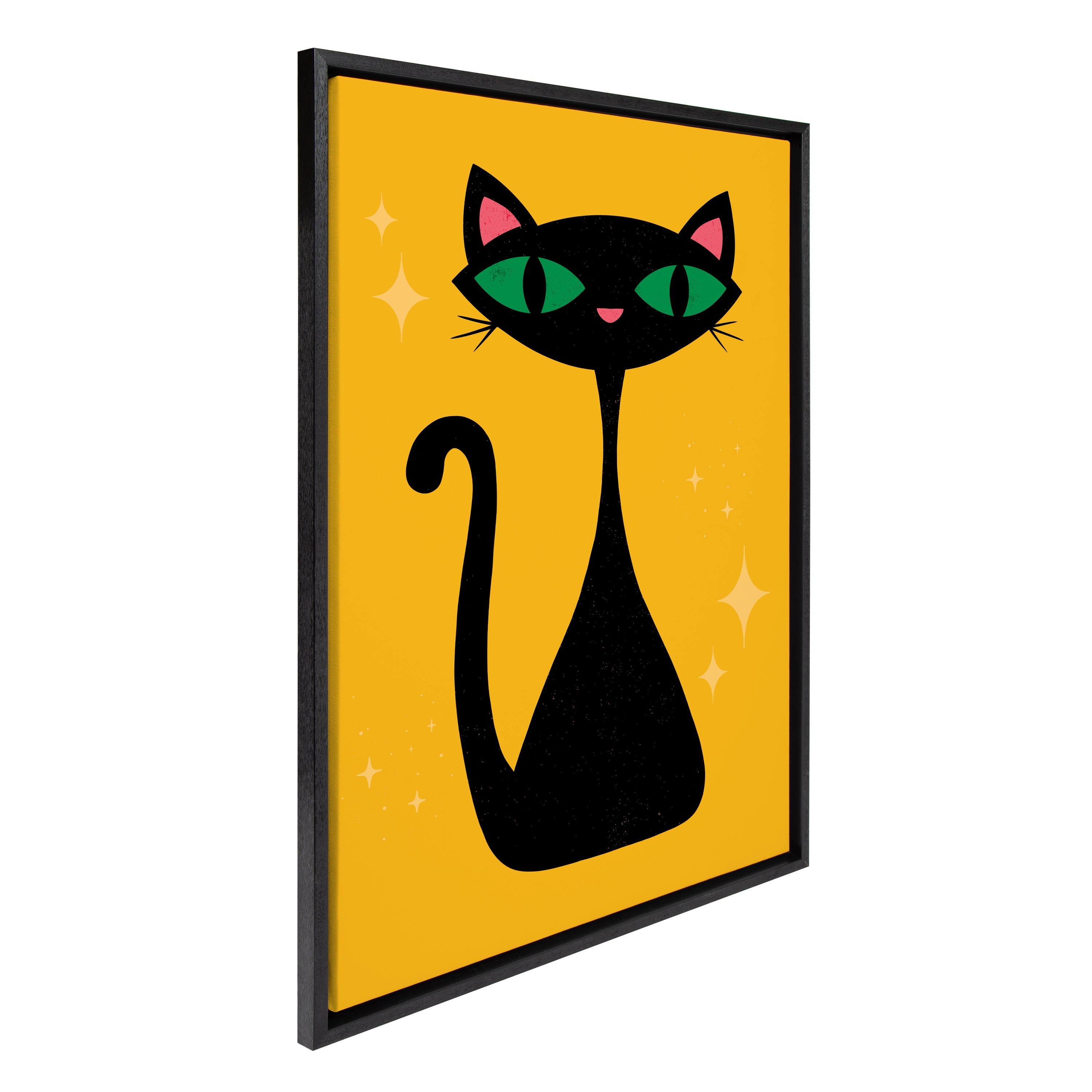 Sylvie Retro Cat Framed Canvas showing a retro-style cat with bold colors and a playful expression, framed in a modern white frame.