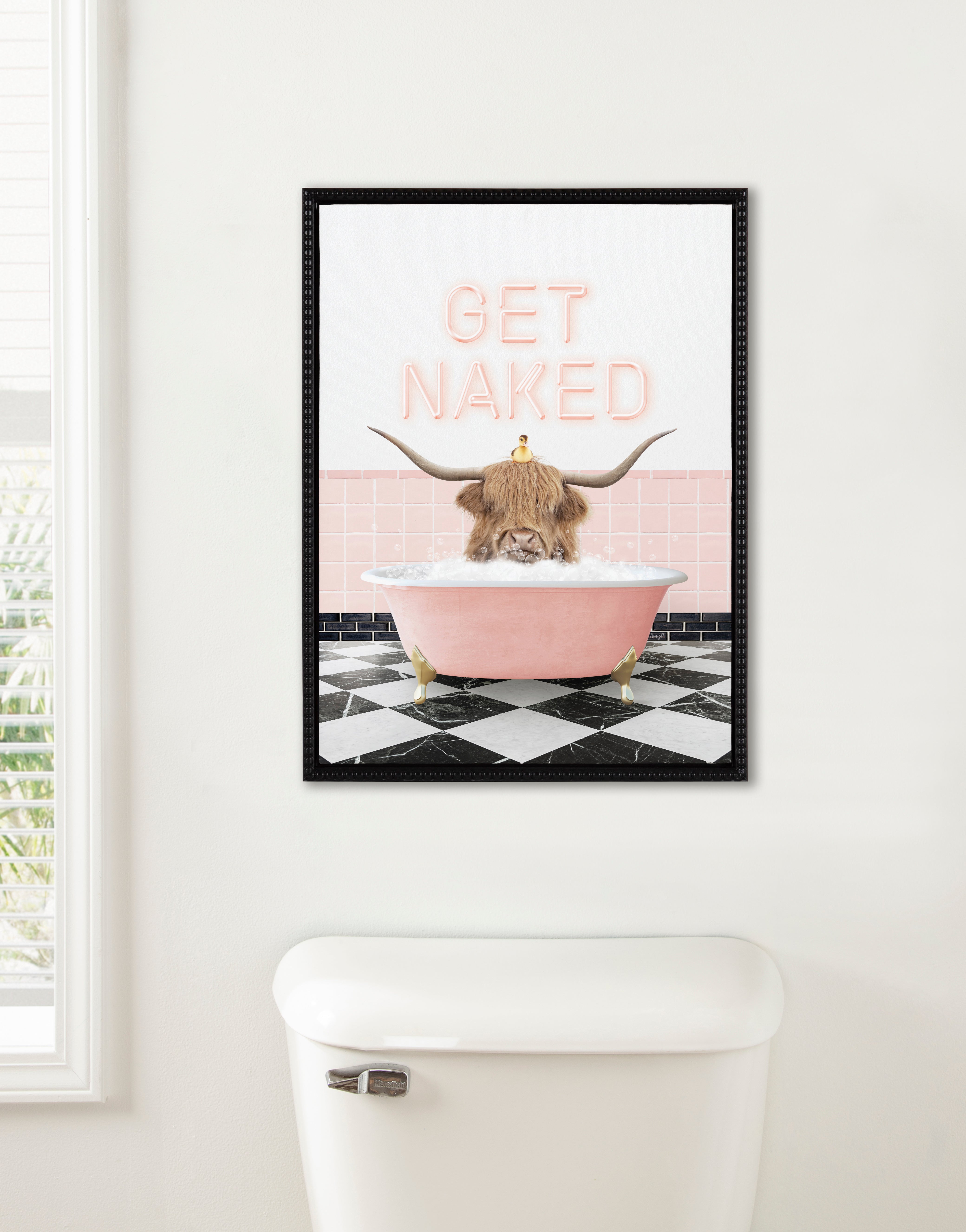 Sylvie Highland Cow Randal Neon Sign Bath Framed Canvas by Amy Peterson