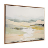 Abstract tranquil landscape painting with soft blues, greens, and creams, featuring a central white stream and framed in an ornate gold frame.