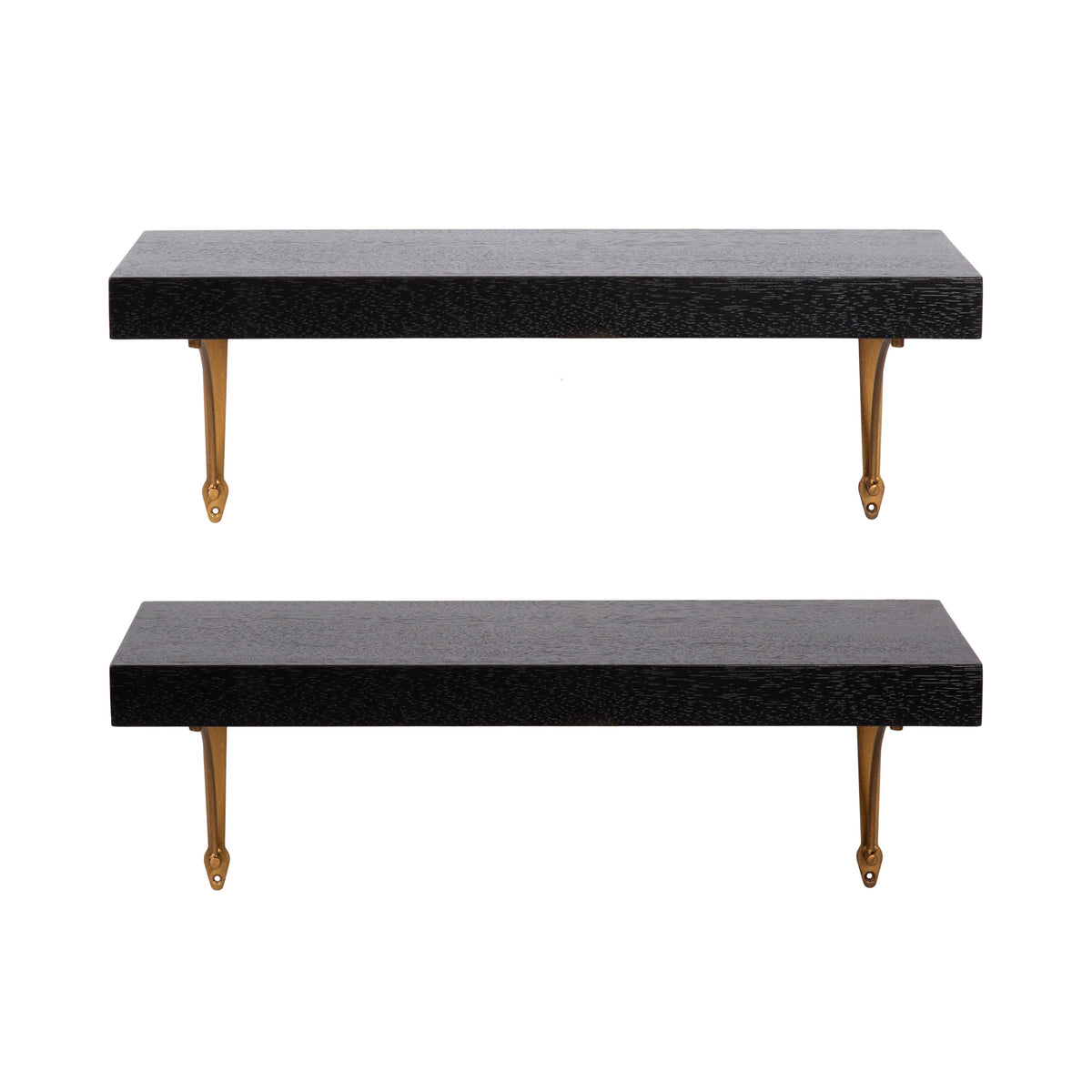 Two rectangular black wood floating shelves with smooth surfaces, each supported by two gold-colored metal brackets underneath, against a white background.