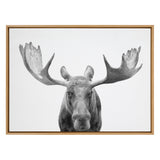 Black and white close-up of a moose facing forward with wide, textured antlers, centered on a white background in a natural wood frame.