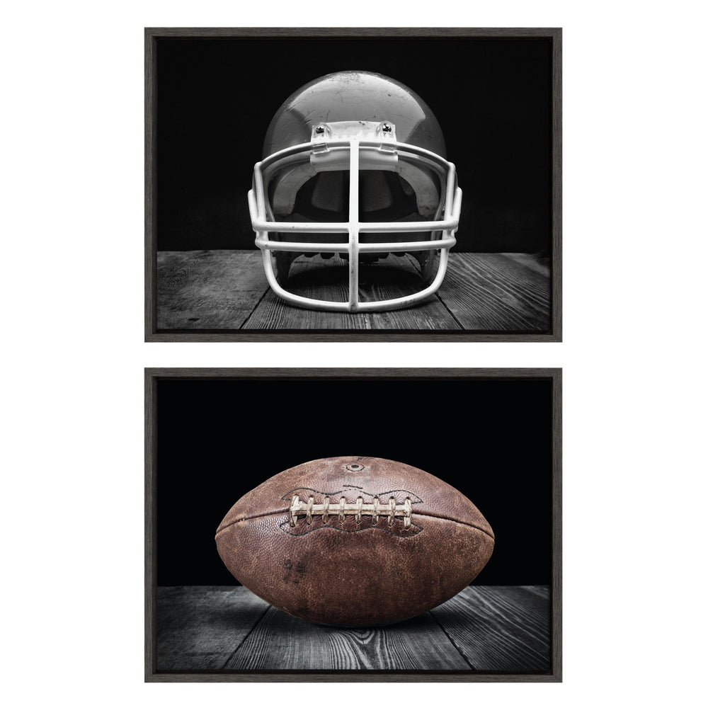 Sylvie Vintage Football Helmet on Black and Vintage Football on Black Framed Canvas Art Set showing two gallery-wrapped canvases with dark gray backgrounds and football imagery by Saint and Sailor Studios