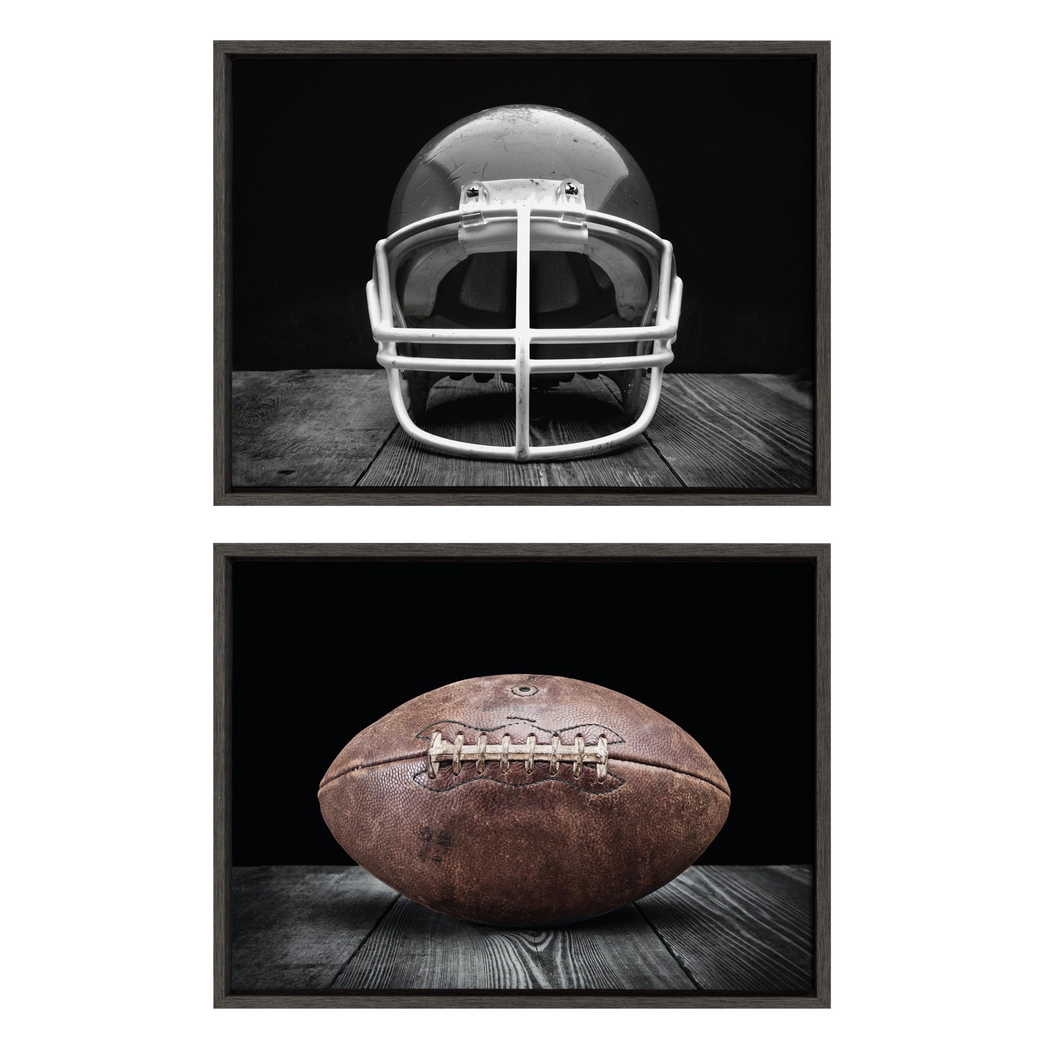 Sylvie Vintage Football Helmet on Black and Vintage Football on Black Framed Canvas Art Set showing two gallery-wrapped canvases with dark gray backgrounds and football imagery by Saint and Sailor Studios
