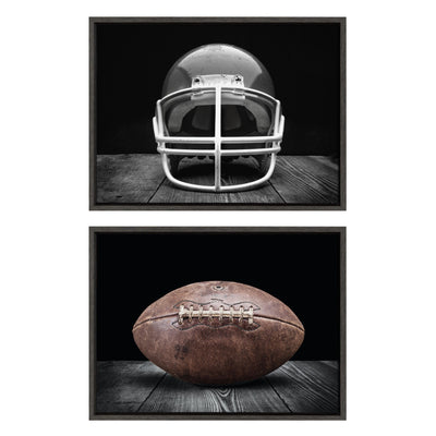 Sylvie Vintage Football Helmet on Black and Vintage Football on Black Framed Canvas Art Set showing two gallery-wrapped canvases with dark gray backgrounds and football imagery by Saint and Sailor Studios