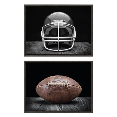 Sylvie Vintage Football Helmet on Black and Vintage Football on Black Framed Canvas Art Set by Saint and Sailor Studios