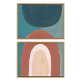 Two framed abstract canvases; top shows a large dark teal semicircle over teal and muted coral background, bottom features layered arches in terracotta, white, beige, and teal hues.