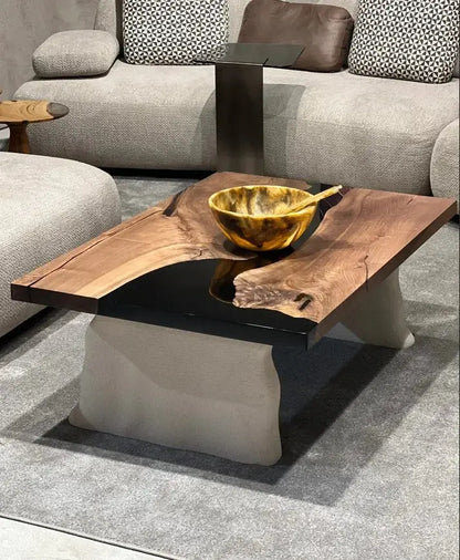 Handcrafted epoxy resin walnut coffee table with stone-inspired wooden legs