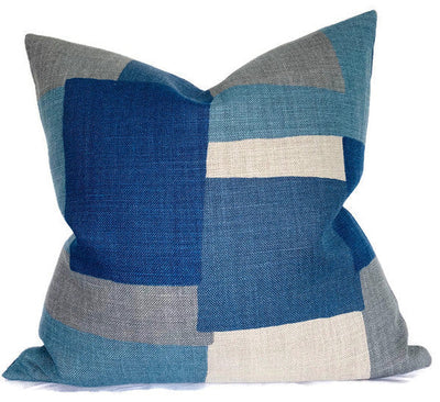 Collage Pillow Cover in Indigo Gray with ivory linen back on sofa