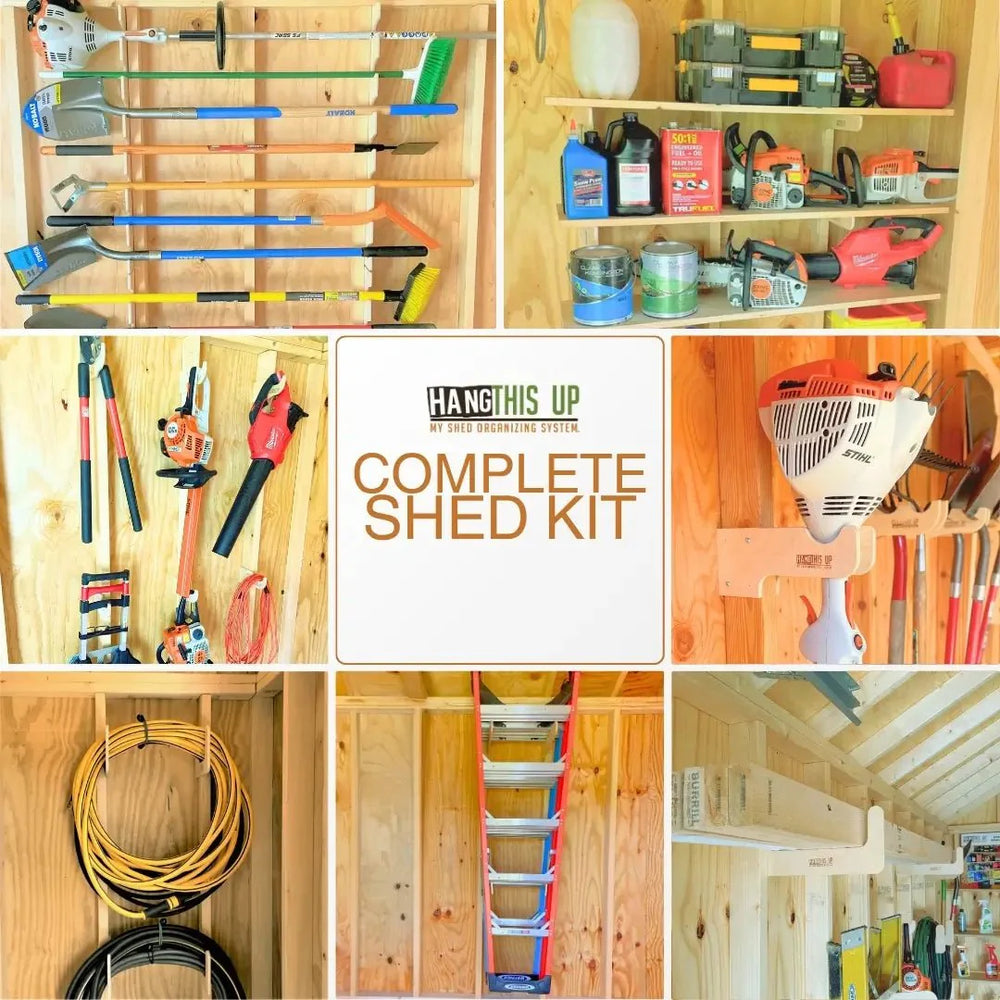 Complete Stud Mounted Shed Organization Kit installed in a shed with tools and equipment organized on the wall