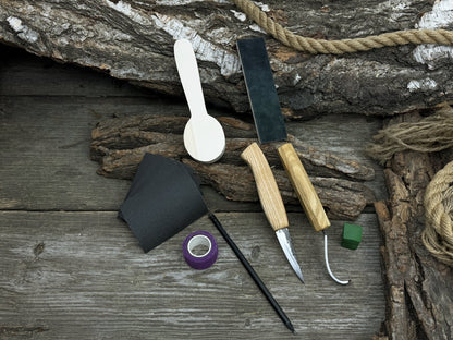 Complete Spoon Carving Kit for Beginners with knives, wooden blank, sandpaper, and sharpening board