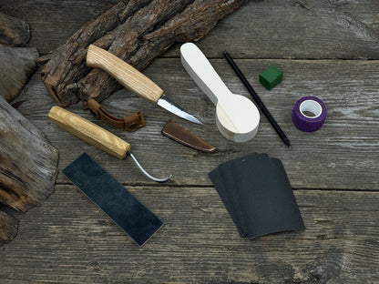Complete Spoon Carving Kit for Beginners with knives, wooden blank, sandpaper, and sharpening board