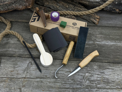 Complete Spoon Carving Kit for Beginners with knives, wooden blank, sandpaper, and sharpening board