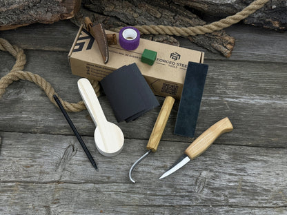 Complete Spoon Carving Kit for Beginners with knives, wooden blank, sandpaper, and sharpening board