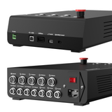 Black rectangular desktop CNC router controller with multiple labeled ports, buttons, and a prominent red emergency stop button on top, shown from front and back angles.